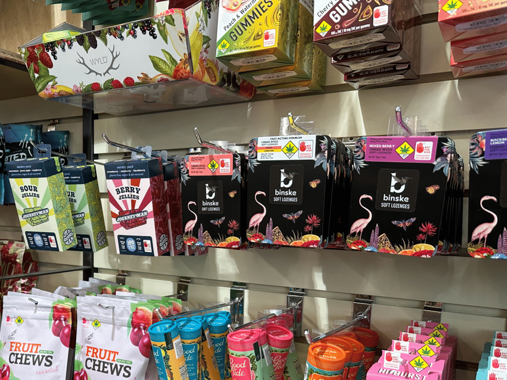 Compliant cannabis edible products on display